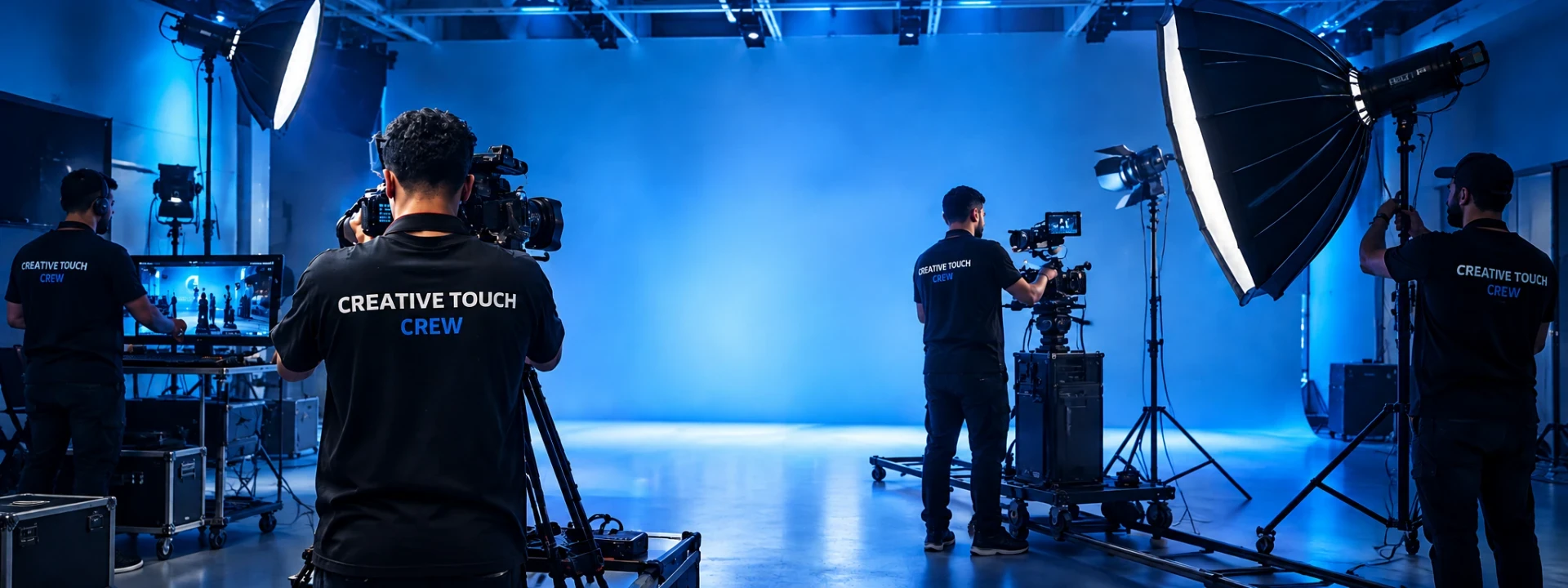 Creative Touch crew filming in a blue-lit studio with cameras, lights and a dolly track